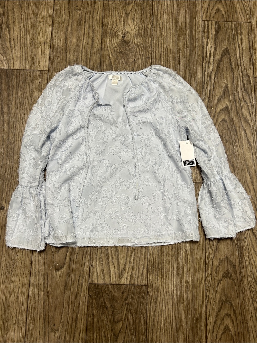 Light Blue Lace Tunic Blouse with Tie Neck and Bell Sleeves